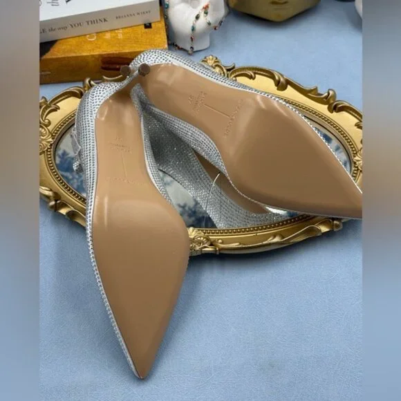 🆕 BLACK SUEDE STUDIO 🧿 NWOB White Satin Ribbon Rhinestone Heels, Sz 37 US 6.5 - Picture 15 of 16